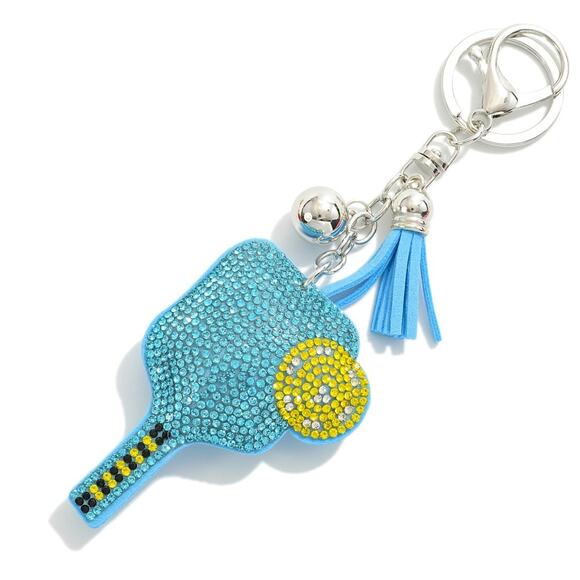 Blue Rhinestone Studded Puffer Pickleball Racket Keyring With Tassel - Picture 1 of 2